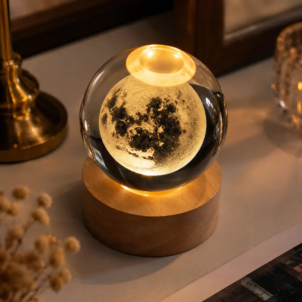 3D Galaxy Crystal Ball Lamp | LED Crystal Orb Night Light with Wooden Base - 6 cm ball +6cm wood base warm / Style 3