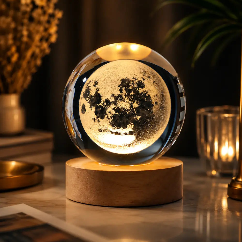 3D Galaxy Crystal Ball Lamp | LED Crystal Orb Night Light with Wooden Base - 6 cm ball +6cm wood base warm / Style 3
