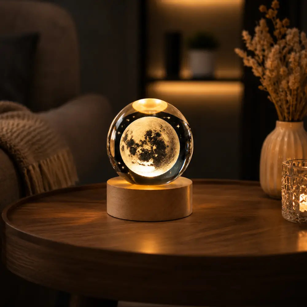 3D Galaxy Crystal Ball Lamp | LED Crystal Orb Night Light with Wooden Base - 6 cm ball +6cm wood base warm / Style 3