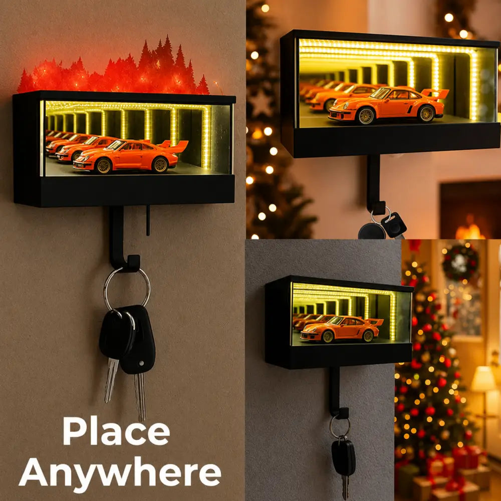 LED Wall Key Holder with Mini Car Display | 3D Infinity Mirror Garage Key Organizer - Black / 11x6.2x5.8cm
